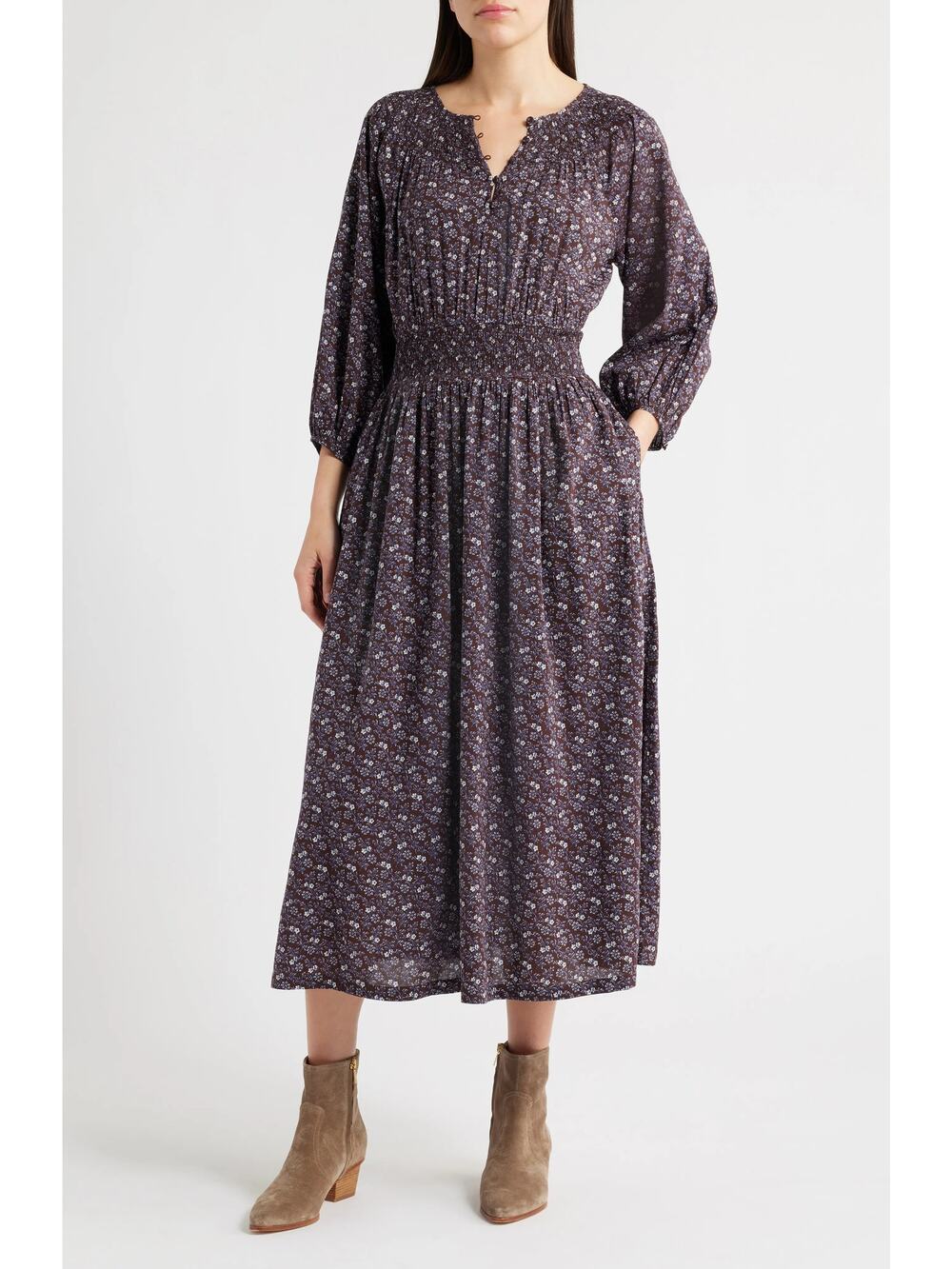 Madewell Brown Shirred Splitneck Floral Puff Sleeves Prairie Midi Dress S